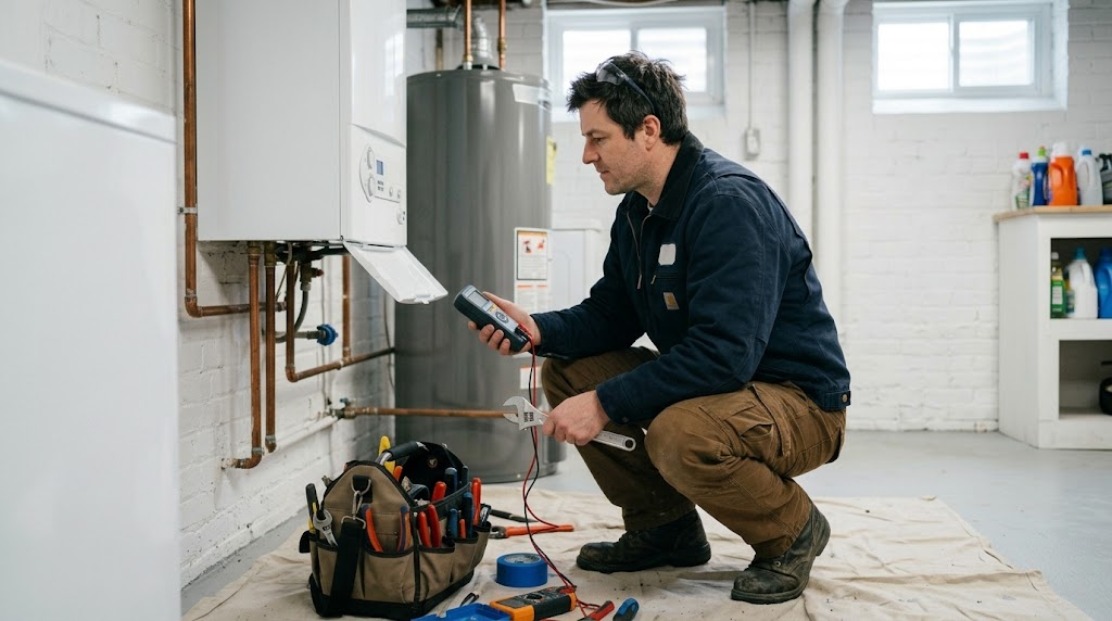 Heating technician diagnosing a residential gas boiler in Rosedale, Queens