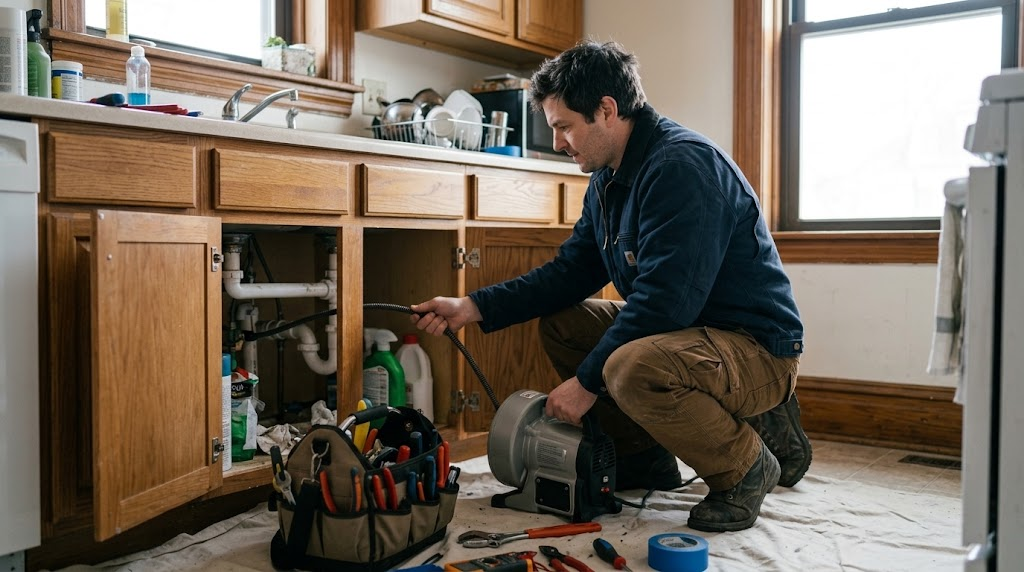 Plumbing technician using an electric cable drain cleaner to clear kitchen waste line in Rosedale, Queens