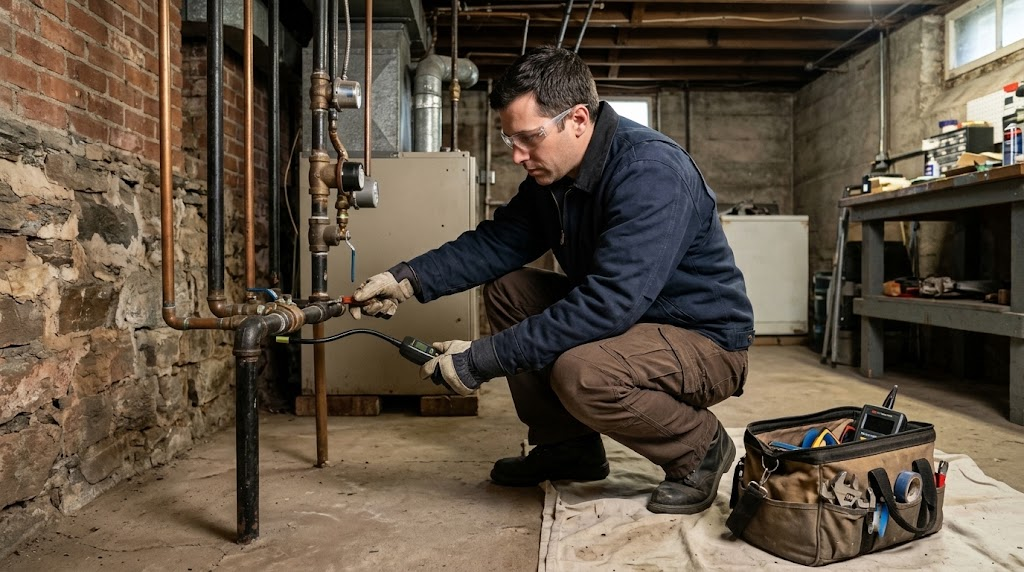 Plumbing technician conducting gas pressure gauge testing on basement piping in Rosedale, Queens