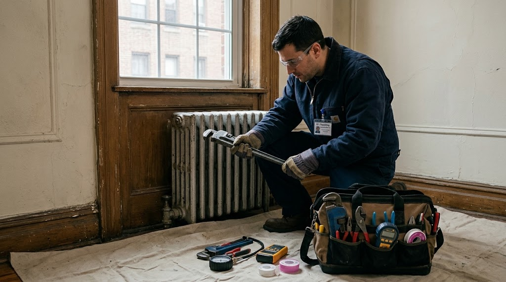 Plumbing technician repairing a cast-iron steam radiator valve in Rosedale, Queens