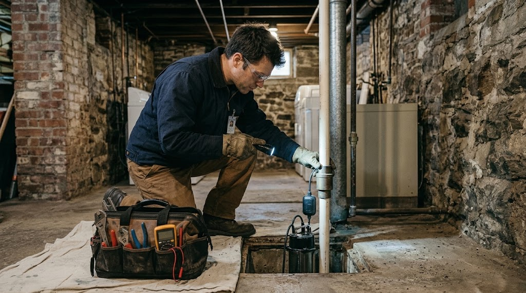 Plumbing technician installing a cast-iron sump pump and dual check valve in Rosedale, Queens