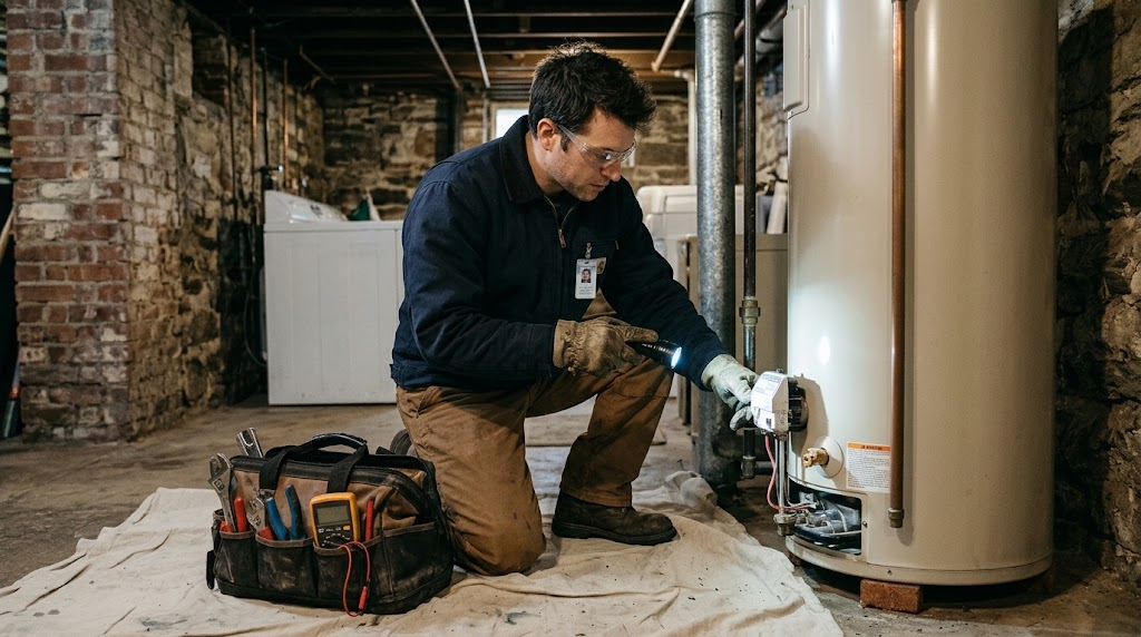 Plumber diagnosing domestic gas water heater burner and control valve in Rosedale, Queens